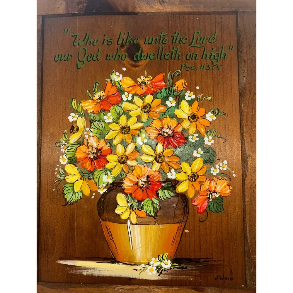 Vintage J Weir Hand Painted Wood Plaque Floral Psalm 113:5 Scripture Wall Art